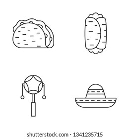 Mexican linear icons set. Latin party. Taco, burrito, mexican pellet drum, sombrero. Thin line contour symbols. Isolated vector outline illustrations. Editable stroke