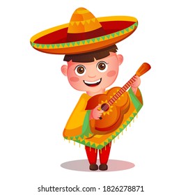 Niño mexicano adorable con un colorido poncho y sombrero. Niño que toca la guitarra. Ilustración vectorial de dibujos animados. 