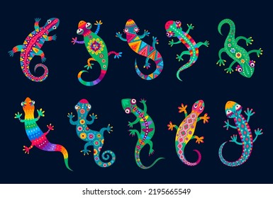 Mexican lizard and gecko, funny reptiles with ethnic ornament, vector mexican folk art. Tropical lizard animals or geckos with latin pattern ornament, funny cartoon characters for kids quiz game