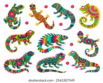 Mexican lizards. Colourful lizard ethnic ornament mexico folk art skin, funny gecko chameleon iguana exotic reptile pet, kid drawing wildlife mascot set tidy vector illustration original artwork