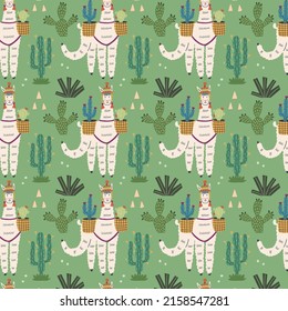 Mexican llama among green cacti pattern. Alpaca character animal background hand drawn doodle naive vector art. Cute digital paper fabric textile wallpaper