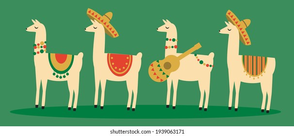 Mexican llamas isolated. Flat vector stock illustration. A set or collection of traditional llamas. Mexican pattern, sombrero, guitar. Llama or alpaca. cute illustration