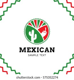 Mexican logo design template. Vector traditional meal logotype illustration background. Ethnic cuisine label with cactus, pepper.Colorful circle sign, symbol for cafe, restaurant, fast food, truck