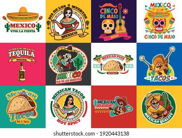 Mexican logos and graphics labels set