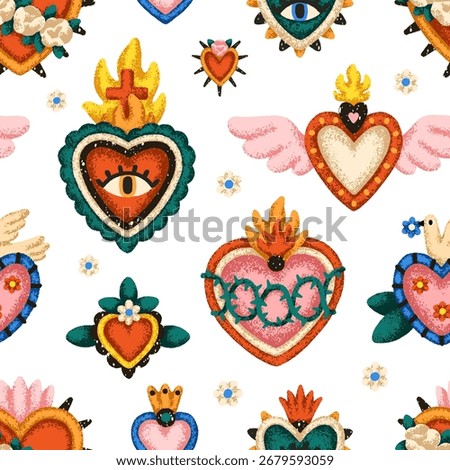 Mexican love hearts, seamless pattern, endless background, print. Traditional Mexico Valentine symbols with mystical eye, wings, fire, crown. Flat vector illustration for textile, wrapping design
