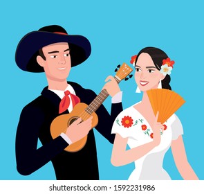 Mexican lovers. A musician with a guitar and a girl in Mexican folk costumes.
