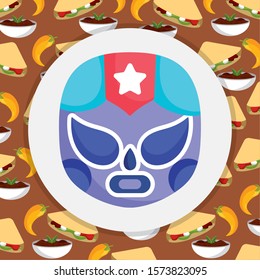 mexican lucha libre mask with food traditional event decoration card vector illustration