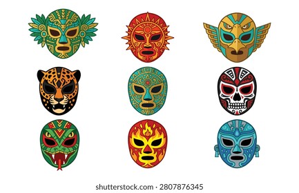Mexican lucha libre masks set, aztec and mayan god mask icons, traditional culture vector illustration, skull jaguar serpent sun elements