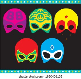 Mexican Lucha Libre Wrestling Masks. Luchador`s Baby Shower Masks.Vector Illustration.