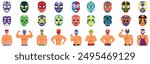 Mexican luchador masks icons set. Lucha libre wrestlers posing and showing muscles with colorful masks on white background