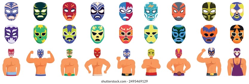 Mexican luchador masks icons set. Lucha libre wrestlers posing and showing muscles with colorful masks on white background