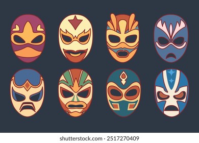 Máscaras de luchador mexicano. Lutadores profissionais, ataduras coloridas em rostos, headwears show americano, lutadores heróis diferentes, ilustração isolada de desenho animado elemento traje, conjunto vetorial