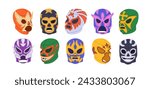Mexican luchador masks set. Mexico wearing for lucha libre wrestling. Head, face costume for Latin wrestlers. Funny headwear for latino fight. Flat vector illustrations isolated on white background.