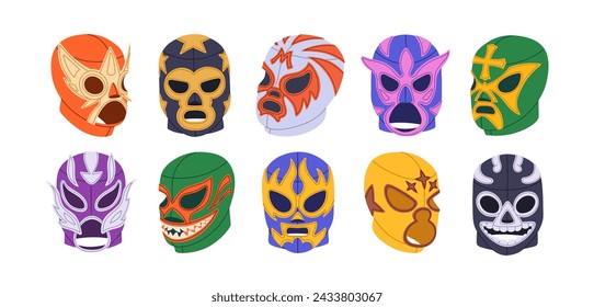 Mexican luchador masks set. Mexico wearing for lucha libre wrestling. Head, face costume for Latin wrestlers. Funny headwear for latino fight. Flat vector illustrations isolated on white background.