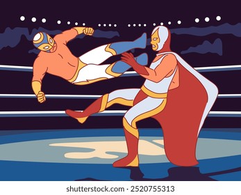 Show de luchadores mexicanos. Lutadores em jogo de combate no ringue, lutadores de poder profissional em trajes, camisas e máscaras, competição profissional desenho animado estilo plano isolado conceito vetor