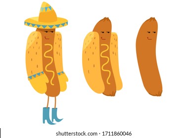 Carácter vector macho hot dog mexicano. Dibujo con salchicha y un bollo.