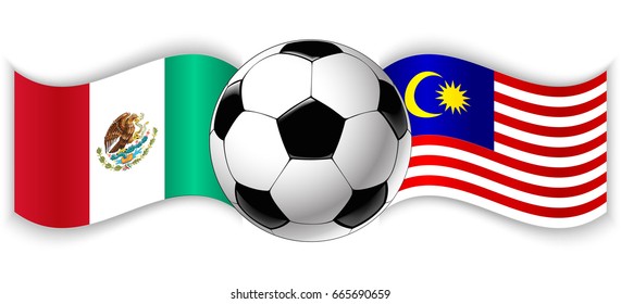 Mexican and Malaysian wavy flags with football ball. Mexico combined with Malaysia isolated on white. Football match or international sport competition concept.