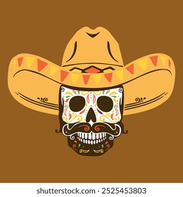 Ilustración de carnaval y cultura masculina mexicana con barba y bigote. cultura colorida de mexicanos con sombrero amarillo. festival de diseño de la muerte con partes de flores. símbolo de traje popular de baile