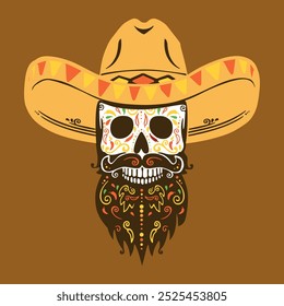 Ilustración de carnaval y cultura masculina mexicana con barba y bigote. cultura colorida de mexicanos con sombrero amarillo. festival de diseño de la muerte con partes de flores. símbolo de traje popular de baile