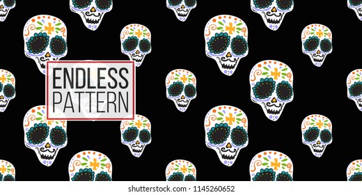 Mexican male sugar skull seamless pattern. Traditional elements on dark repeatable background. Watercolor style illustration on black backdrop.