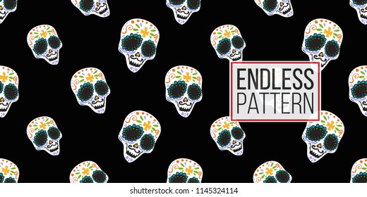 Mexican male sugar skull seamless pattern. Traditional elements on dark repeatable background. Watercolor style illustration on black backdrop.