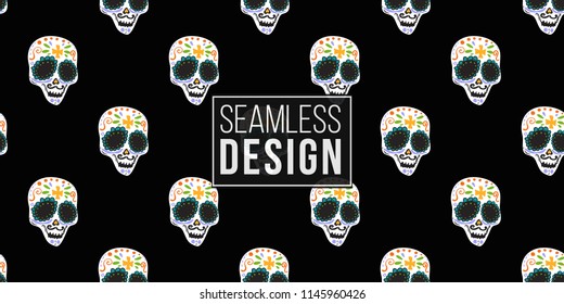 Mexican male sugar skull seamless pattern. Traditional elements on dark repeatable background. Watercolor style illustration on black backdrop.