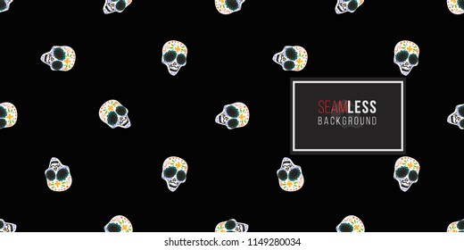 Mexican male sugar skull seamless pattern. Traditional elements on dark repeatable background. Watercolor style illustration on black backdrop.