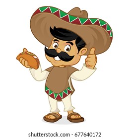 Mexican man cartoon eating taco isolated in white background