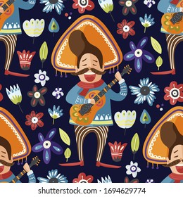 Mexican man cartoon flat character in sombrero with the guitar. Seamless vector pattern. Mexico senior traditional illustration party music colorful background.