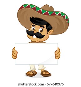 Mexican man cartoon holding blank sign isolated in white background