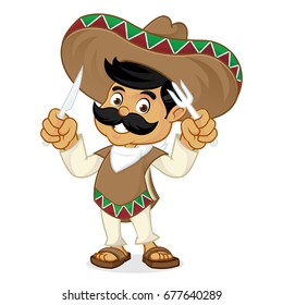 Mexican man cartoon holding fork and knife isolated in white background