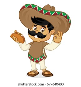 Mexican man cartoon holding taco isolated in white background