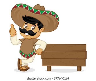 Mexican man cartoon leaning on wood plank isolated in white background