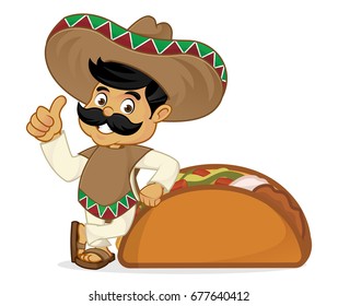 Mexican man cartoon leaning on taco isolated in white background