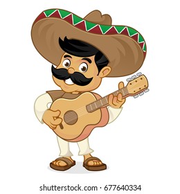 Mexican man cartoon playing guitar isolated in white background
