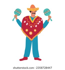 Mexican man character with maracas, Vector flat
