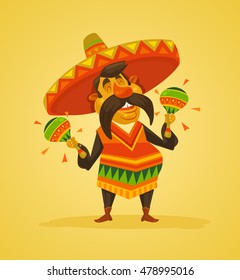 Mexican Man Character With Maracas. Vector Flat Cartoon Illustration