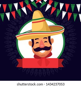 mexican man face with moustache and mexican hat profile picture avatar cartoon character portrait in round icon with ribbon banner and pendants vector illustration graphic design