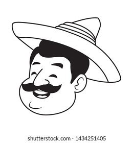 mexican man face with moustache and mexican hat in black and white vector illustration graphic design