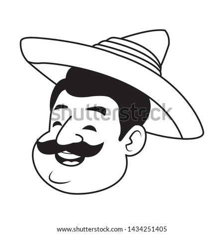 mexican man face with moustache and mexican hat in black and white vector illustration graphic design