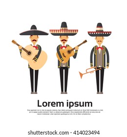 Mexican Man Group Wear Traditional Clothes Performer With Music Instrument Celebration Full Length Flat Vector Illustration