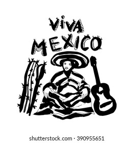 Mexican man with guitar and cactus