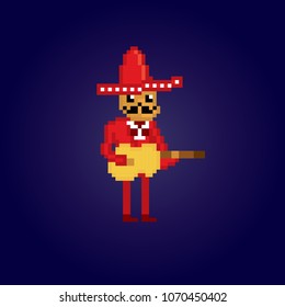 Mexican man with guitar. Pixel art. Old school computer graphic. 8 bit video game. Game assets 8-bit sprite.