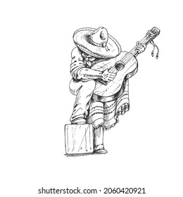 Mexicano con guitarra en sombrero y poncho, ilustración gráfica de fondo negro sobre blanco