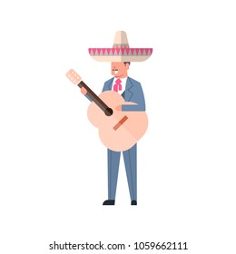 Mexican Man With Guitar In Traditional Clothes And Sombrero Isolated On White Background