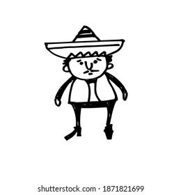 a mexican man. A hand-drawn cartoon character. Black and white vector illustration.