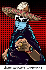 Mexican man in hat and medical mask. Day of the Dead. Mexican skeleton