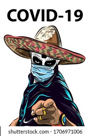 Mexican man in hat and medical mask. Day of the Dead. Mexican skeleton