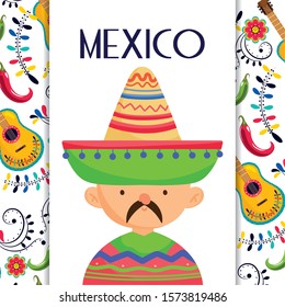 mexican man with hat and poncho mexico traditional event decoration card vector illustration