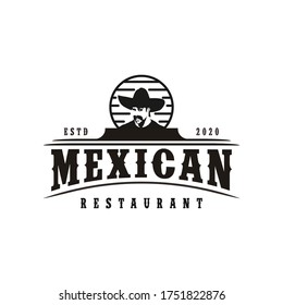 Mexican man with Hat Sombrero, Mexican food, Mexican cuisine restaurant Vintage Label Logo Design